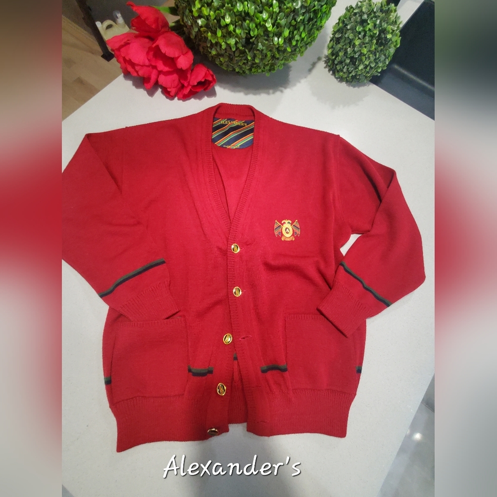 ALEXANDER'S VINTAGE RARE Cardigan en laine rouge uni avec logo tissé fils doré